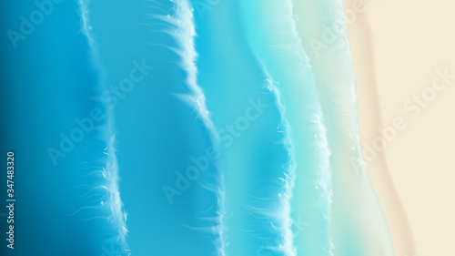 Top view on sea sandy beach. Realistic aerial view on foamy sea waves splashing on sandy coast. Vector illustration with cascade of ocean waves.