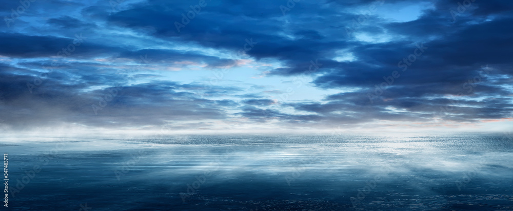 Night seascape. Dark landscape with a marine background and sunset, moon. Abstract night landscape in blue light. Reflection of the moon in the night water. Empty futuristic landscape. Night seascape. Dark landscape with a marine background and sunset, moon. Abstract night landscape in blue light. Reflection of the moon in the night water. Empty futuristic landscape.