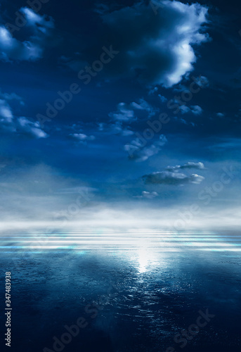 Night seascape. Dark landscape with a marine background and sunset, moon. Abstract night landscape in blue light. Reflection of the moon in the night water. Empty futuristic landscape. © MiaStendal