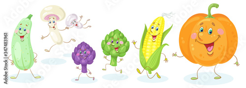 Fototapeta Naklejka Na Ścianę i Meble -  Set of funny vegetables. Pumpkin, corn, artichokes, champignons and zucchini. In cartoon style. Isolated on white background. Vector flat illustration.