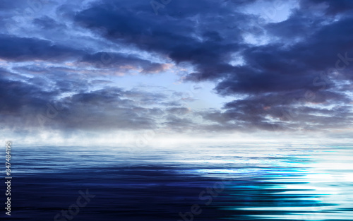 Night seascape. Dark landscape with a marine background and sunset, moon. Abstract night landscape in blue light. Reflection of the moon in the night water. Empty futuristic landscape. © MiaStendal