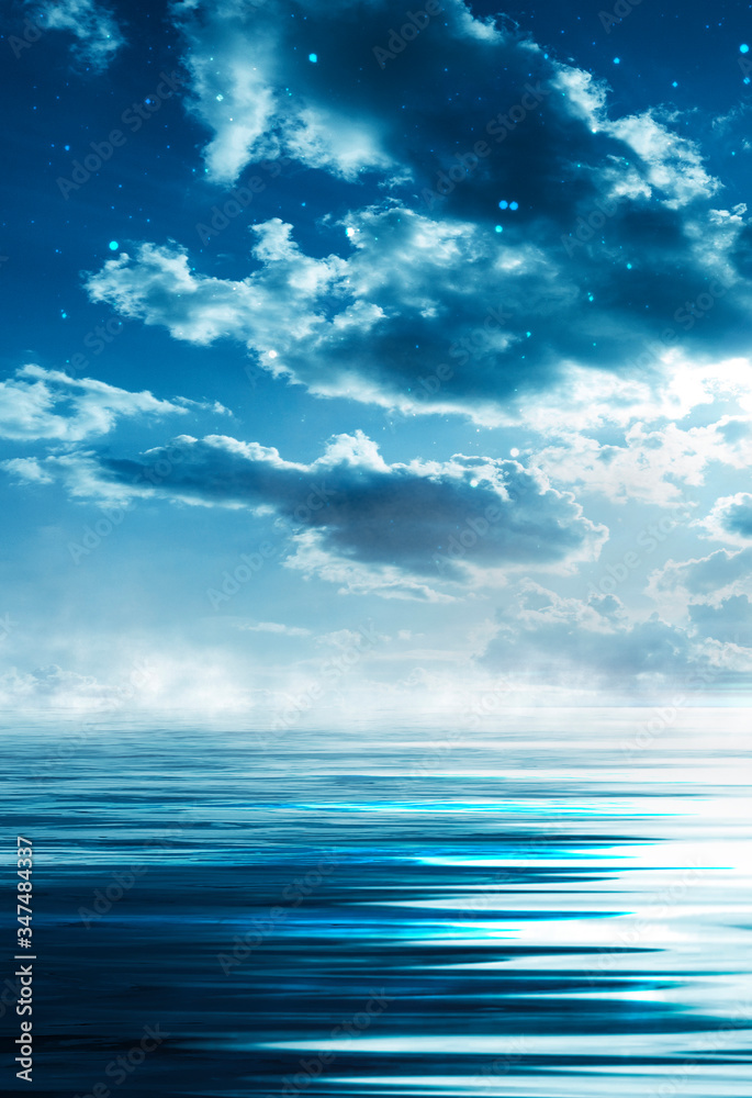 Fototapeta Night seascape. Dark landscape with a marine background and sunset, moon. Abstract night landscape in blue light. Reflection of the moon in the night water. Empty futuristic landscape.