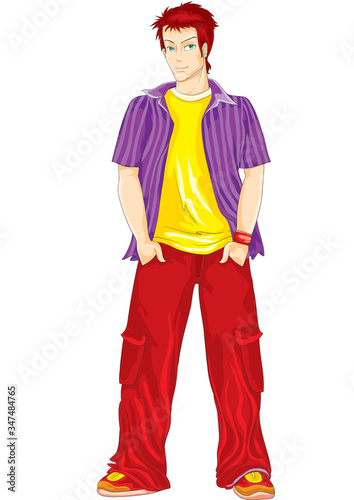 teenager in a yellow T-shirt and purple shirt, isolated object on a white background, vector illustration,