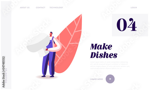 Fungiculture Growth Industry Landing Page Template. Tiny Male Character in Working Overalls Collect Fresh Harvest of Champignons on Mushroom Growing Plant, Man Hold Fungi. Cartoon Vector Illustration