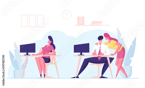 Office People Gossip and Discussing Female Colleague Sitting nearby on Desk with Computer. Man and Woman Business Characters Viciously Smiling and Giggle, Human Envy. Cartoon Vector Illustration