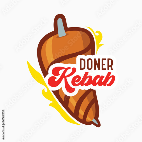 Doner Kebab Banner, Creative Badge with Meat on Pole, Fire and Typography Isolated on White Background. Fastfood Cafe Label Grilled Food Arabian or Turkish Restaurant Icon, Emblem. Vector Illustration