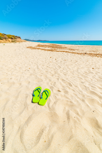 Fototapeta Naklejka Na Ścianę i Meble -  Flip flops on a white beach in summer