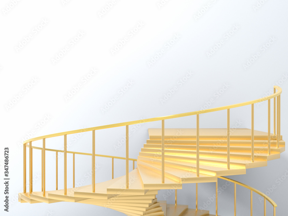 Golden spiral stairs with handrails against white wall in empty room. Concept or success, opportunities and achievement. 3d render Golden spiral stairs with handrails against white wall in empty room. Concept or success, opportunities and achievement. 3d render