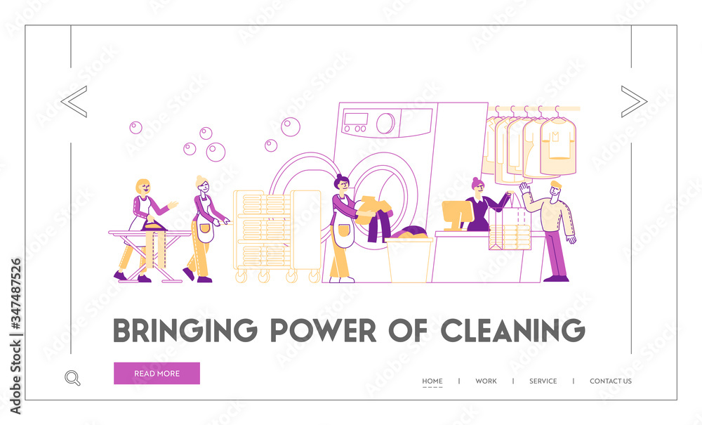 Wash Service Landing Page Template. Characters Visiting Laundry Loading Clothes to Washing Machine, Ironing, Rolling Cart with Clean Dresses in Public Launderette. Linear People Vector Illustration