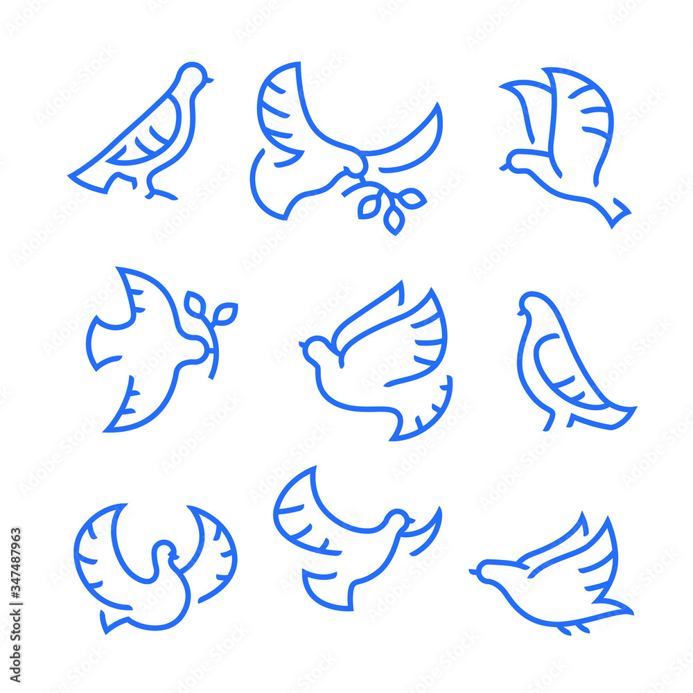 Fototapeta premium Dove of Peace Icons Set. Flying Birds with Branch and Leaves, Peace or Pacifism Concept. Free Flying Symbol, Simple Signs for Presentation, Training, Marketing, Web Design. Linear Vector Illustration