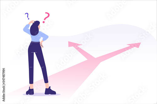 Confused woman standing at crossroads. Difficult choice between two options. Decide dilemma concept. Solve problem. Alternatives or opportunities. Making decision. Choose pathway. Vector illustration