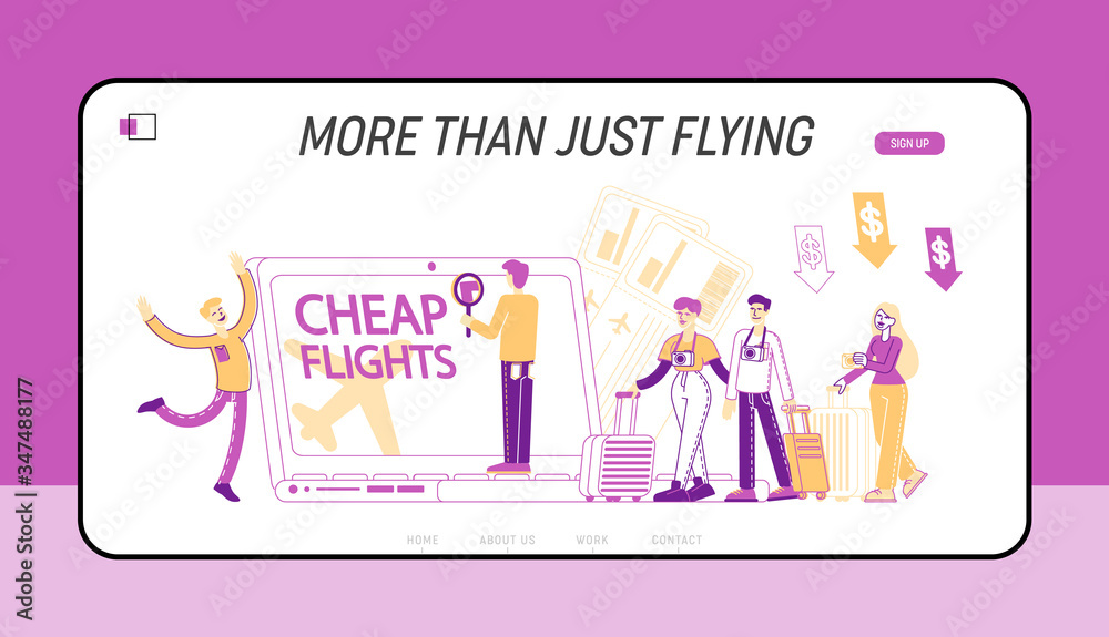 Cheap Flight and Saving Vacation Budget Landing Page Template. Characters Buying Airplane Tickets Online Save Money for Holidays and Traveling. Tiny People with Luggage. Linear Vector Illustration