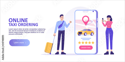 Online taxi ordering concept. Young people standing with suitcase, ordering taxi or renting car online with smartphone app service. Landing page template. Web banner. Isolated vector illustration 