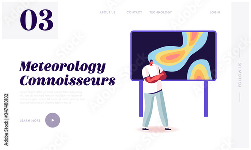 Meteorological Report Landing Page Template. Tv Presenter Male Character Stand at Screen with Meteorology Map Forecasting Weather, Presenting Monitor with Information. Cartoon Vector Illustration