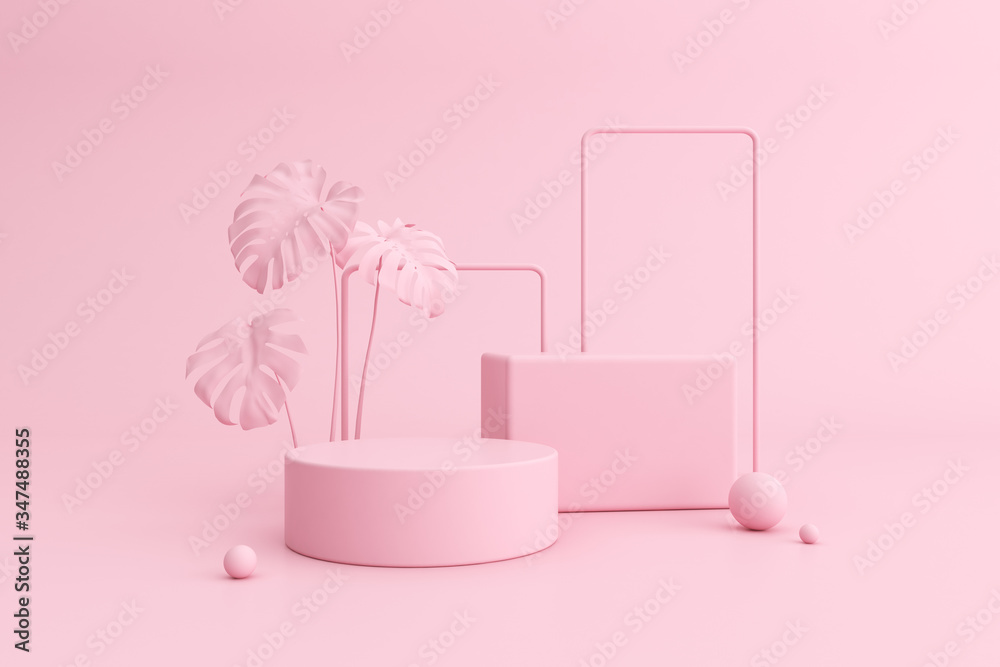 Minimal abstract scene with round podium and pink monstera plant, Architectural mock up design with geometric form in pastel color, Product presentation. 3D rendering.