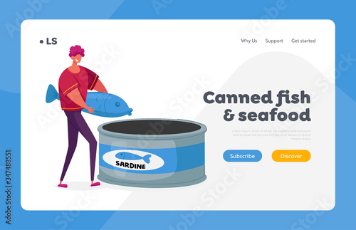 Canned Food Landing Page Template. Tiny Male Character on Canning Factory Put Huge Sardine in Tinned Container Packaging. Conserve Product in Can Package, Grocery Meal. Cartoon Vector Illustration
