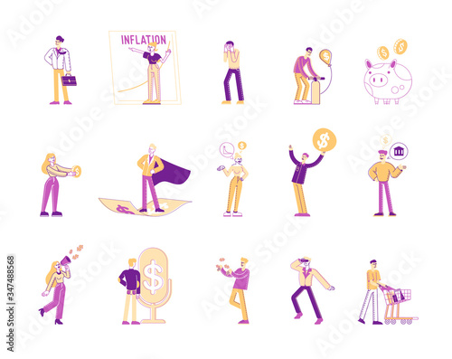 Set of Male and Female Characters Using Money. People Shopping in Store, Create Capital Put Coins in Piggy Bank. Inflation and Finance Crisis Isolated on White Background. Linear Vector Illustration