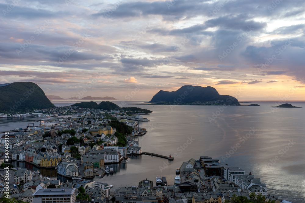 Panorama over aalseund city from the viewpoint Aksla during sunset hours