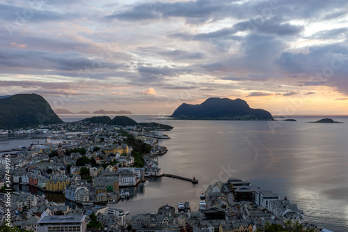 Panorama over aalseund city from the viewpoint Aksla during sunset hours