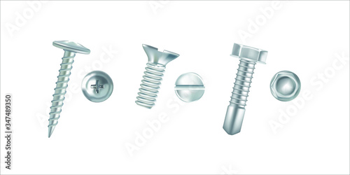 Set of realistic fasteners, screws, bolts isolated on white vector illustration