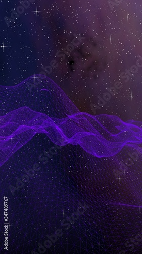 Abstract ultraviolet landscape on a dark background. Purple cyberspace grid. hi tech network. Outer space. Violet starry outer space texture. 3D illustration