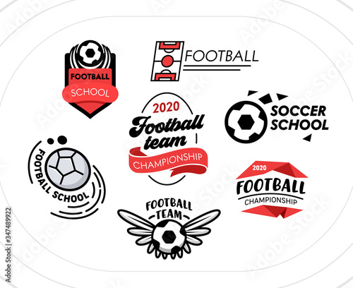 Football Banners, Icons or Badges Set, Soccer Balls Creative Design Elements with Typography Isolated on White Background. Professional Sports Label, Sport School, Championship Vector Illustration
