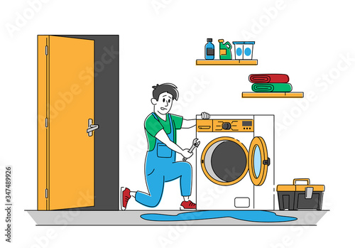 Husband for an Hour Repair Service. Male Character in Uniform Work with Instruments Fixing Broken Washing Machine at Home. Plumber Call Master Character Work with Technics. Linear Vector Illustration