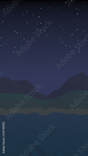 Starry moonless sky. Ocean shore line with waves on a beach. Island beach paradise with waves. Vacation, summer, relaxation. Seascape, seashore. Minimalist landscape, primitivism. 3D illustration