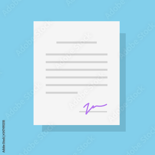 Document with signature and text or legal agreement contract vector flat cartoon icon, illustrated paper page signed isolated modern design image