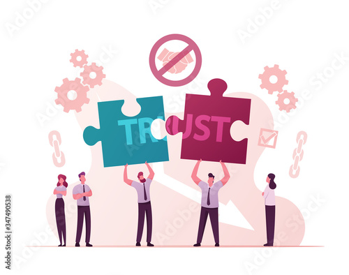 Men Characters Share Puzzle Pieces with Word Trust. Violation of Agreements and Promises, Lose Credibility. Failed to Maintain Professional Reputation Lie and Cheat. Cartoon Vector People Illustration