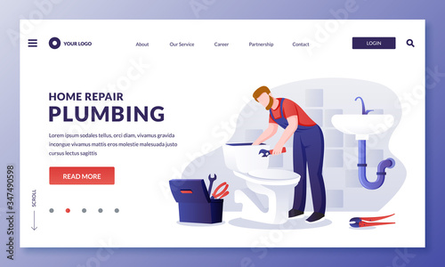 Plumber worker repairs toilet tank. Handyman makes house repair works. Vector illustration. Maintenance services concept