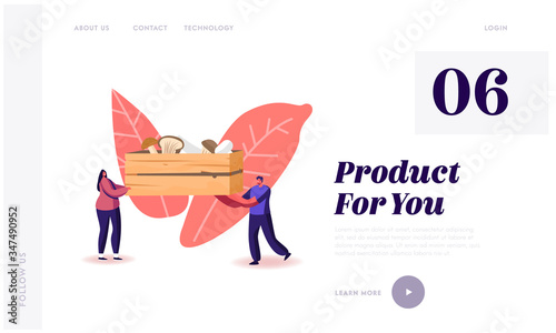 Homemade Fungiculture Growing Hobby, Harvesting Landing Page Template. Tiny Characters Carry Huge Wooden Box with Various Mushrooms Cep, King Oyster and Champignons. Cartoon People Vector Illustration
