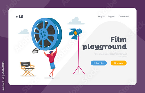 Cinematograph Industry, Cinema Landing Page Template. Woman Character Take Part in Movie Making. Staff with Professional Equipment for Recording Film , Reel Film Bobbin. Cartoon Vector Illustration