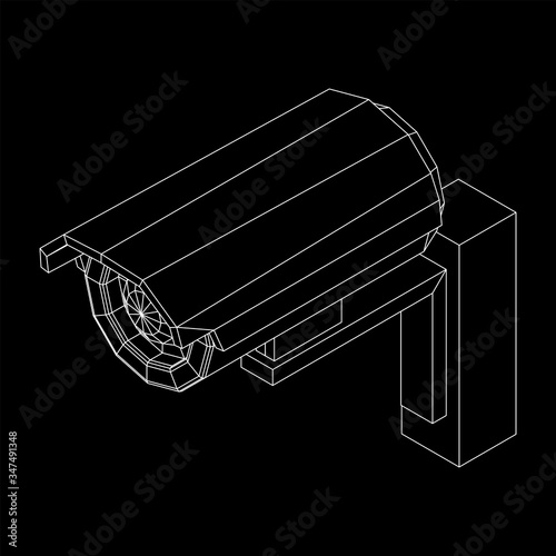 Modern video camera. Webcam viewing area. Safety, security concept. Wireframe low poly mesh vector illustration.