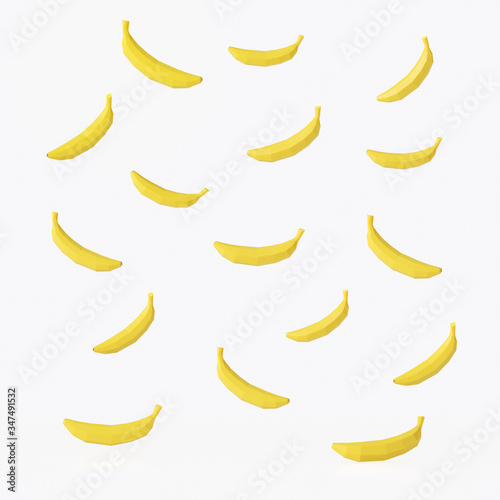 Yellow banana fruits 3d pattern illustration render with isolate on white background.	