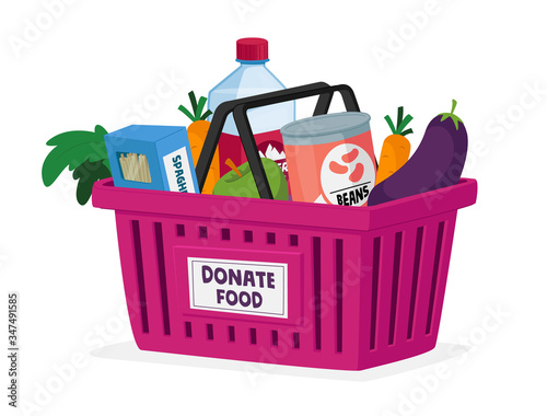 Food Donation, Charity and Humanitarian Aid Concept. Shopping Cart Full of Grocery Production Vegetables, Fruits, Canned Products and Bottled Water. Poor People Support. Cartoon Vector Illustration