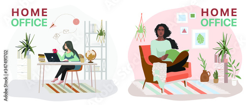 Woman Working at Home Office. Character Sitting at Desk in Room, dark skinned african woman. Home Office Concept. Flat Isometric Vector Illustration.