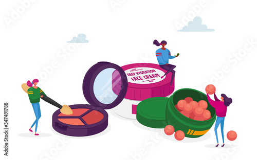 Cosmetics Masterclass, Face Care and Beauty. Women in Beautician Salon . Female Characters Testing Skin Care Products Eyeshadow and Poeder. Makeup Courses, School. Cartoon People Vector Illustration
