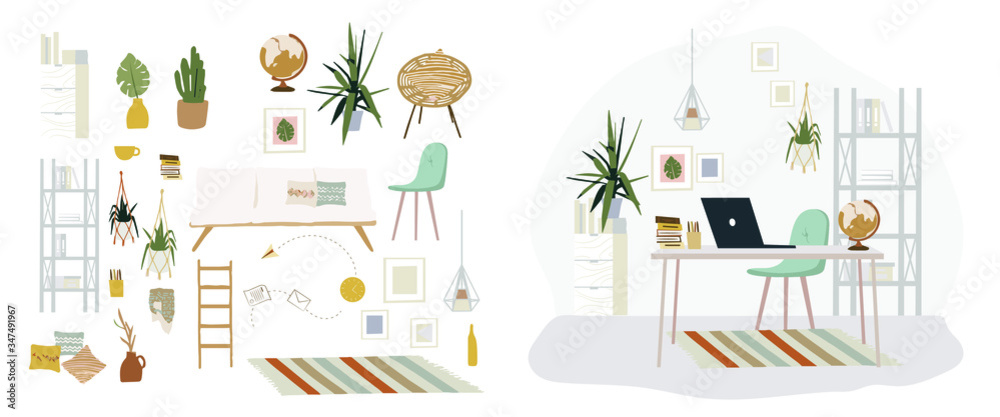 Stylish Scandic living room interior - sofa, armchair, coffee table, plants in pots, lamp, home decorations. Cozy Autumn seasone. Modern comfy apartment furnished in Hygge style, bohemian style Stylish Scandic living room interior - sofa, armchair, coffee table, plants in pots, lamp, home decorations. Cozy Autumn seasone. Modern comfy apartment furnished in Hygge style, bohemian style