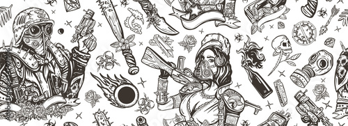 Post apocalypse seamless pattern. Man warrior, soldier woman. Doomsday girl and gun, end of world. People, weapon of dark future. Nuclear war background. Post apocalyptic old school tattoo style