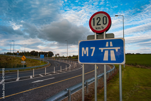 On ramp M7 motorway sign, 120km per hour speed limit sign in Ireland,