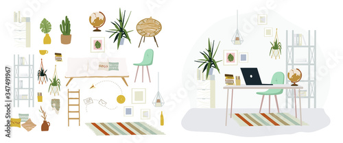 Stylish Scandic living room interior - sofa, armchair, coffee table, plants in pots, lamp, home decorations. Cozy Autumn seasone. Modern comfy apartment furnished in Hygge style, bohemian style