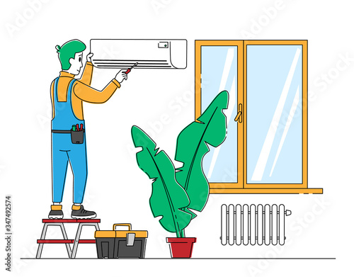 Handy Man Character Fixing Broken Conditioner at Home or Office. Husband for an Hour, Repair Service, Fixing Broken Technics Concept. Electrician Call Master at Work. Linear Vector Illustration