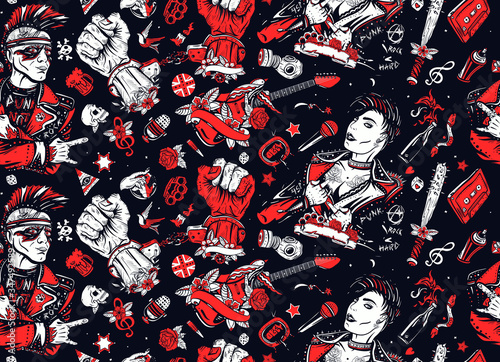 Punk music seamless pattern. Punker with mohawk hairstyle, rock woman, guitarist girl. Hooligans lifestyle. Electric guitar. Anarchy art. Old school tattoo style. Street culture concept