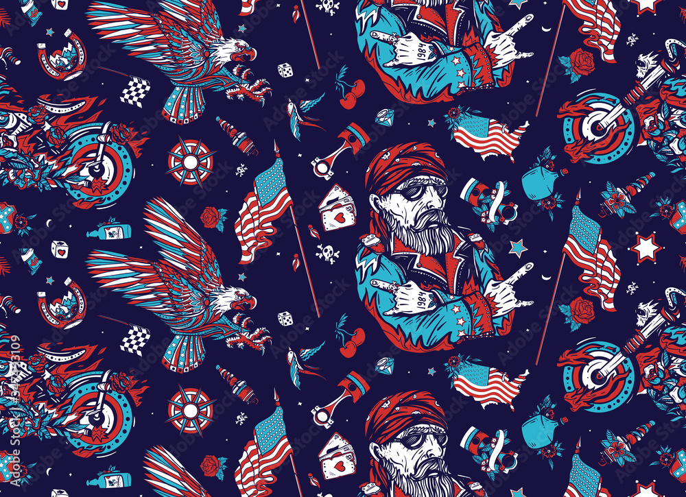 Bikers Pattern Bearded Biker Man And Motorcycle American Riders bikers-pattern-bearded-biker-man-and-motorcycle-american-riders