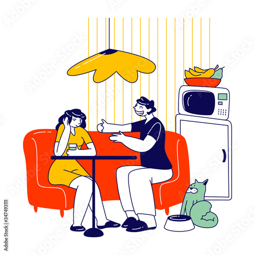Girl Suffering of Boring Interlocutor. Male and Female Characters Sitting on Kitchen Drinking Coffee Have Conversation, Girl Uninvolved into Annoying Communication. Linear People Vector Illustration