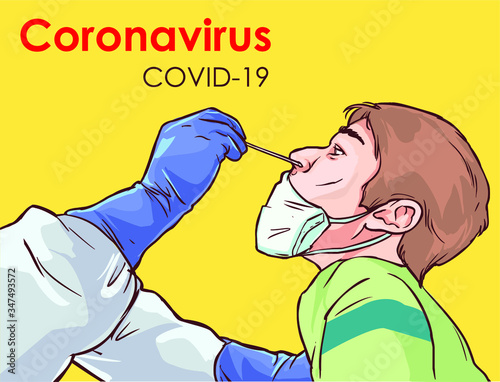 Coronavirus COVID-19 diagnostics. Doctor wearing full antiviral protective gear making nasal swab test for patient. stock illustration