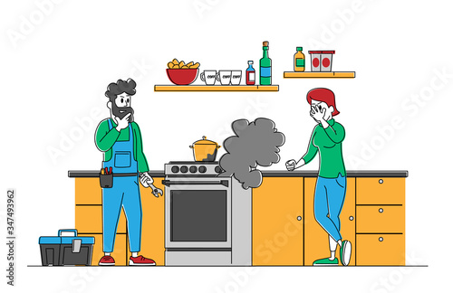Repair Home Technics Service. Man Electrician Character in Uniform Holding Wrench for Fixing Broken Oven to Customer. Husband for Hour, Call Master with Instruments. Linear Vector People Illustration