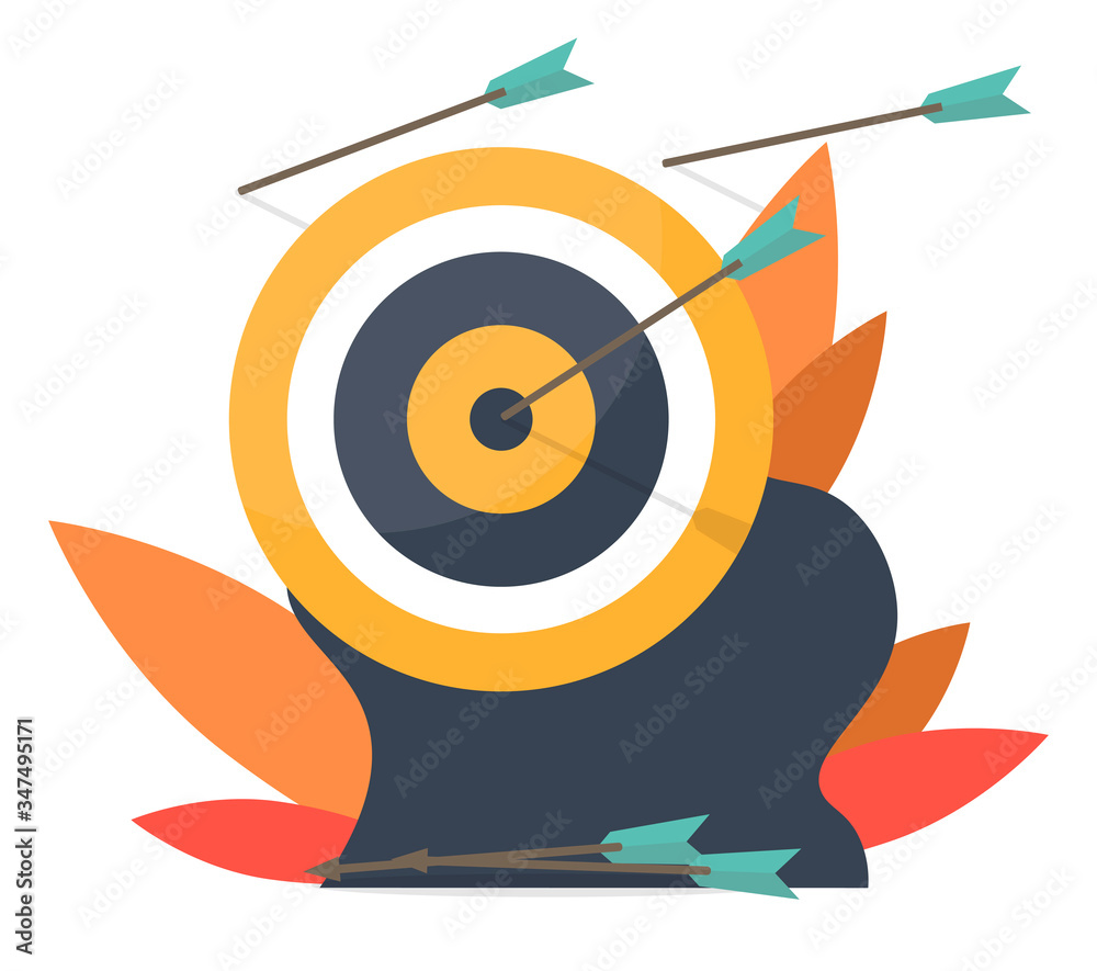 Achieving business goals. Business concept vector illustration Target with an arrow, hit the target, goal achievement. Flat cartoon isolated vector object illustration. Achieving business goals. Business concept vector illustration Target with an arrow, hit the target, goal achievement. Flat cartoon isolated vector object illustration.