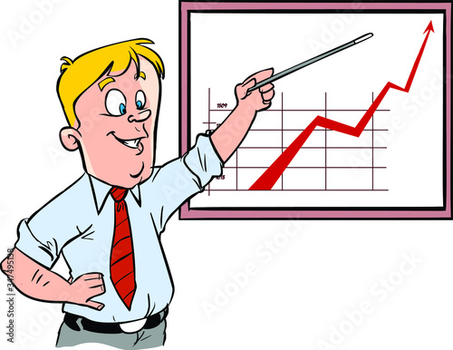 Happy smiling businessman office worker man character making presentation. Graph up stock illustration